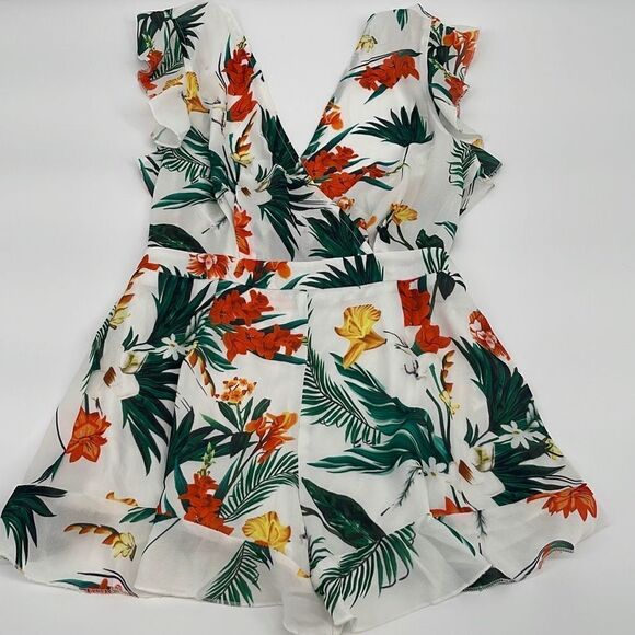 Prettylittlething Womens Tropical Paradise Tie Romper V Neck Green White Size 2 - Picture 10 of 10